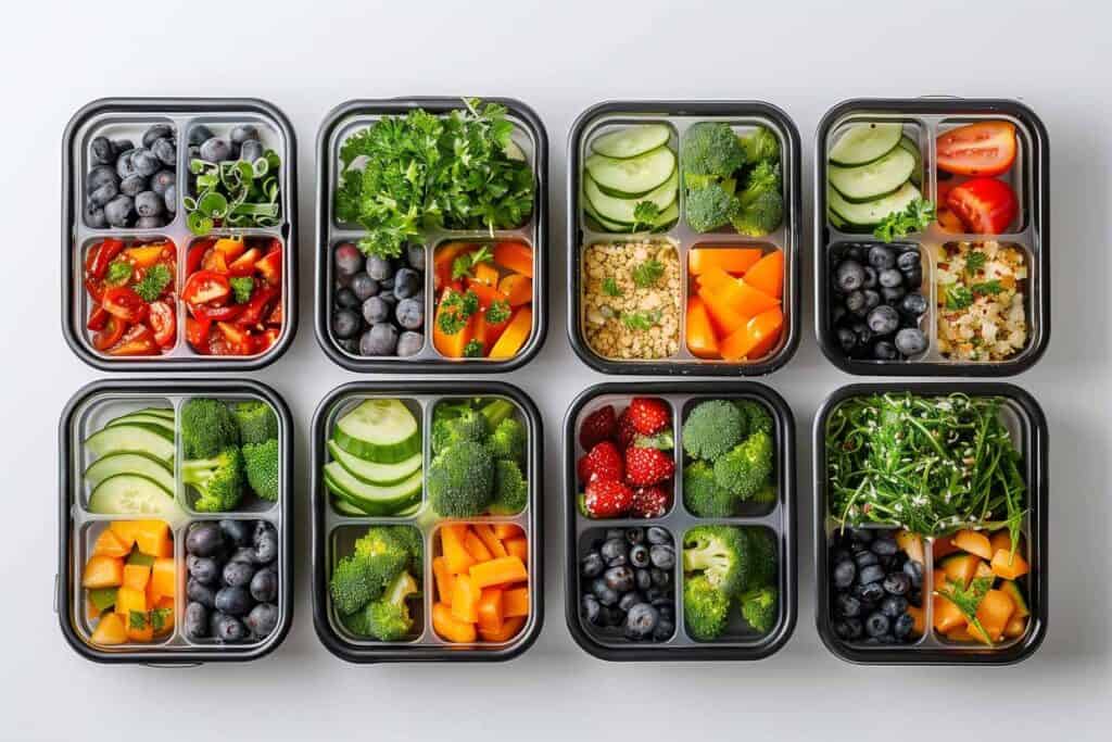 Eight meal prep containers filled with a variety of fresh vegetables, fruits, and salads arranged neatly on a plain background.