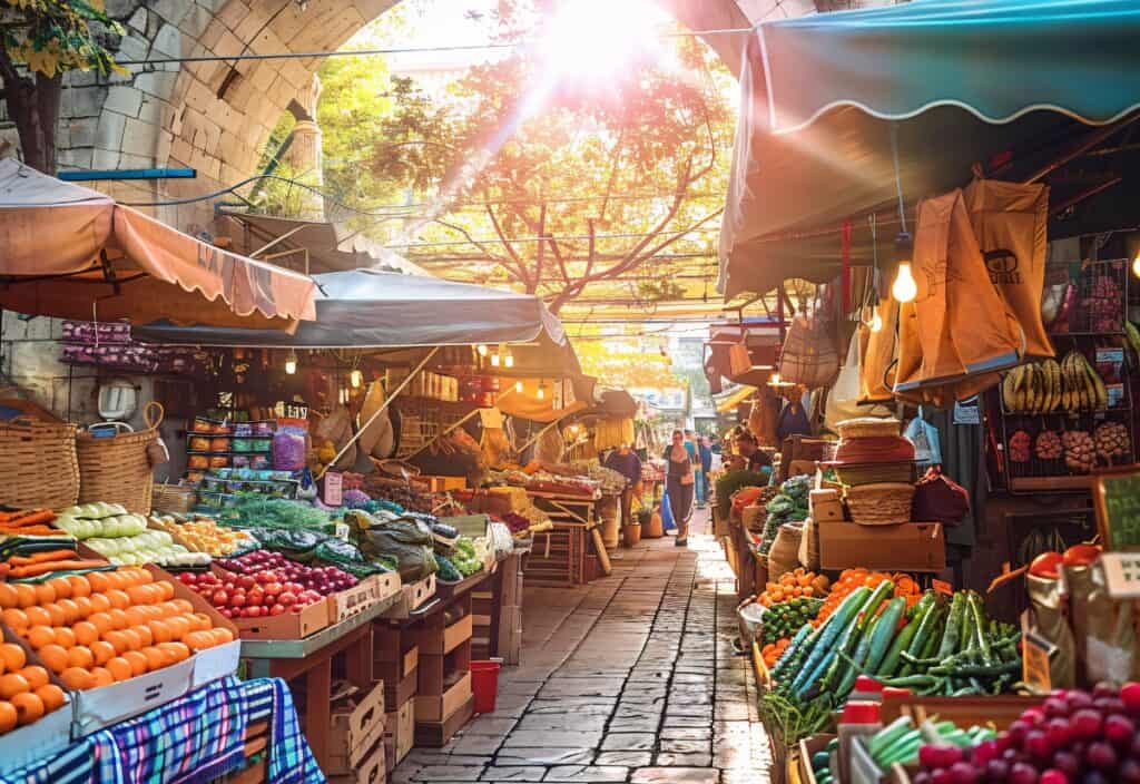Open-air market with colorful fruits and vegetables displayed on both sides of a cobblestone street, sun shining through the archway above&mdash;perfect for discovering fresh produce and Caribbean culinary tips.