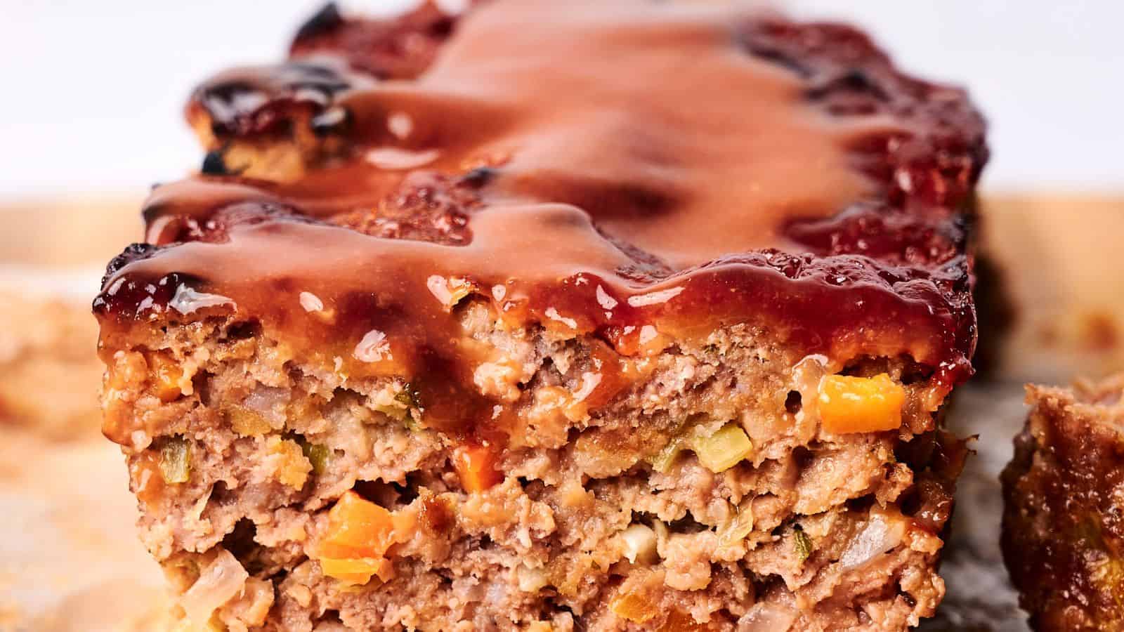 A close-up of a savory meatloaf slice topped with a glossy sauce. The hearty meatloaf reveals visible chunks of vegetables like carrots and celery.