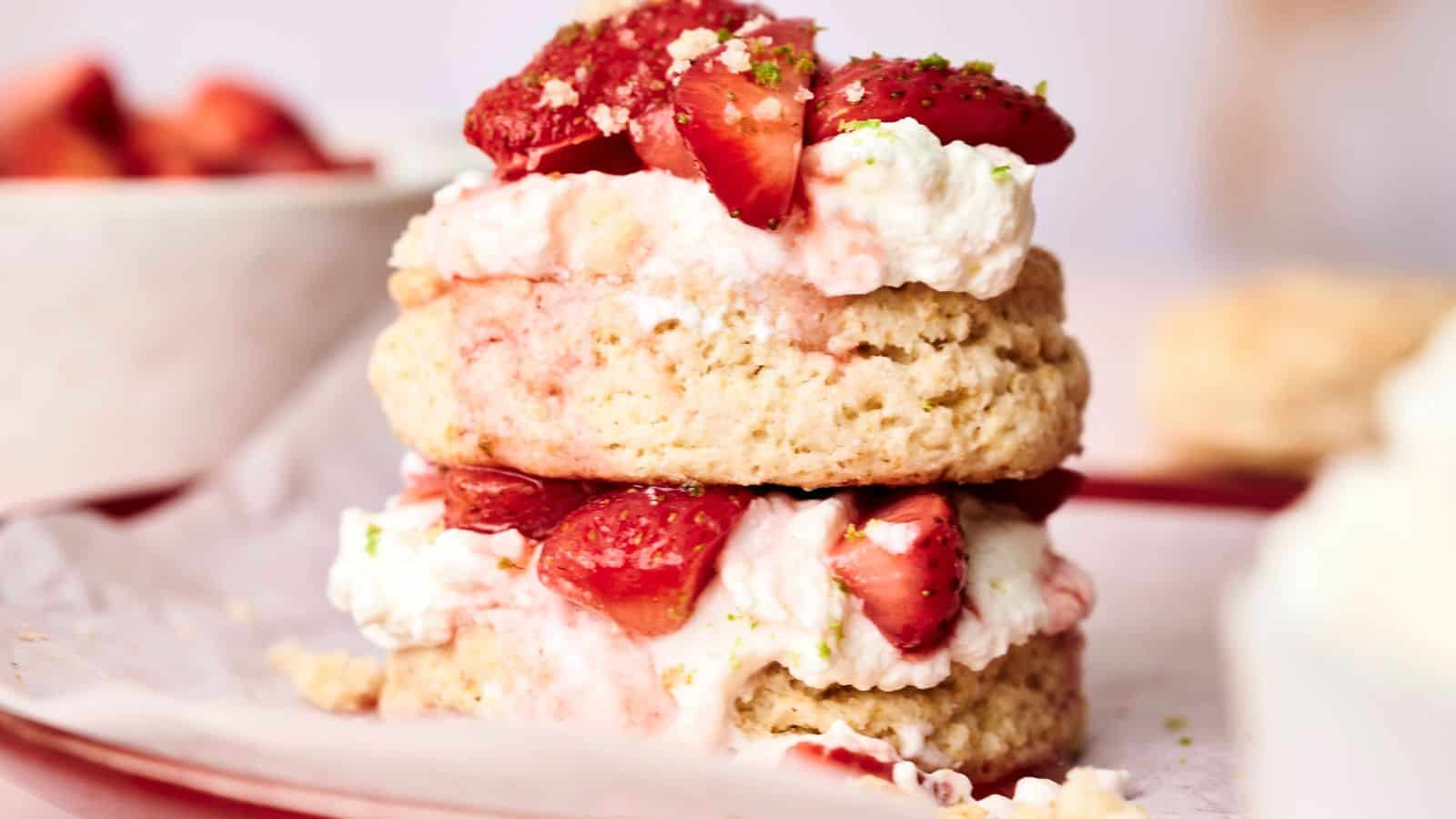 A close-up of a delectable strawberry shortcake reveals layers of biscuit, whipped cream, and fresh strawberry pieces on a plate. In the background, a bowl of strawberries enhances the sweet temptation.