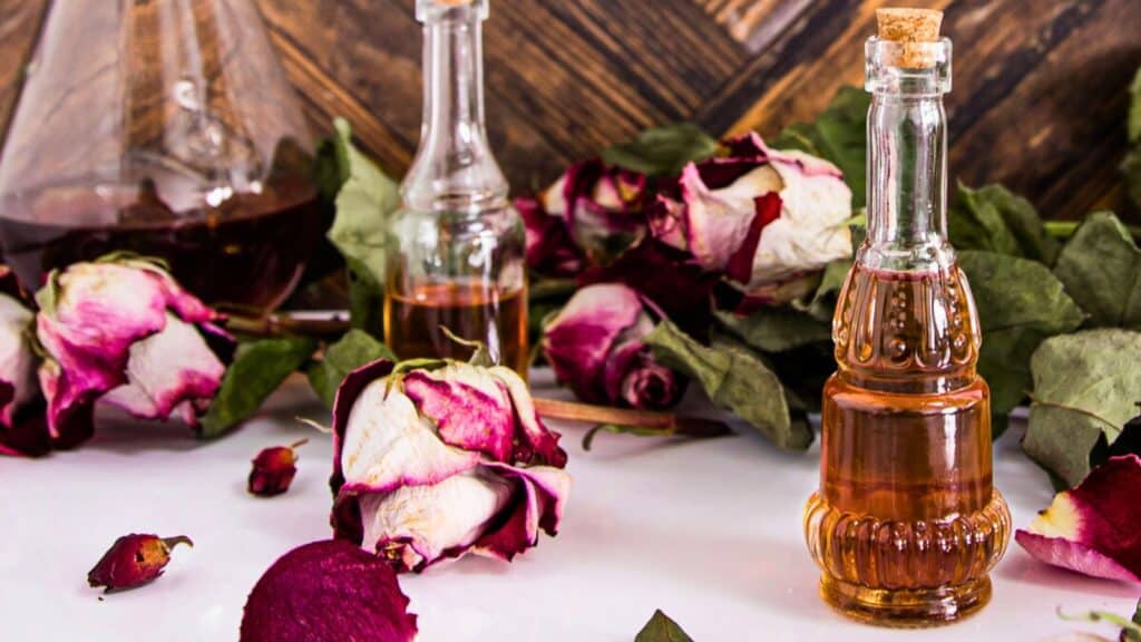 Bottles of liquid surrounded by dried roses and petals are arranged on a white surface against a wooden background.