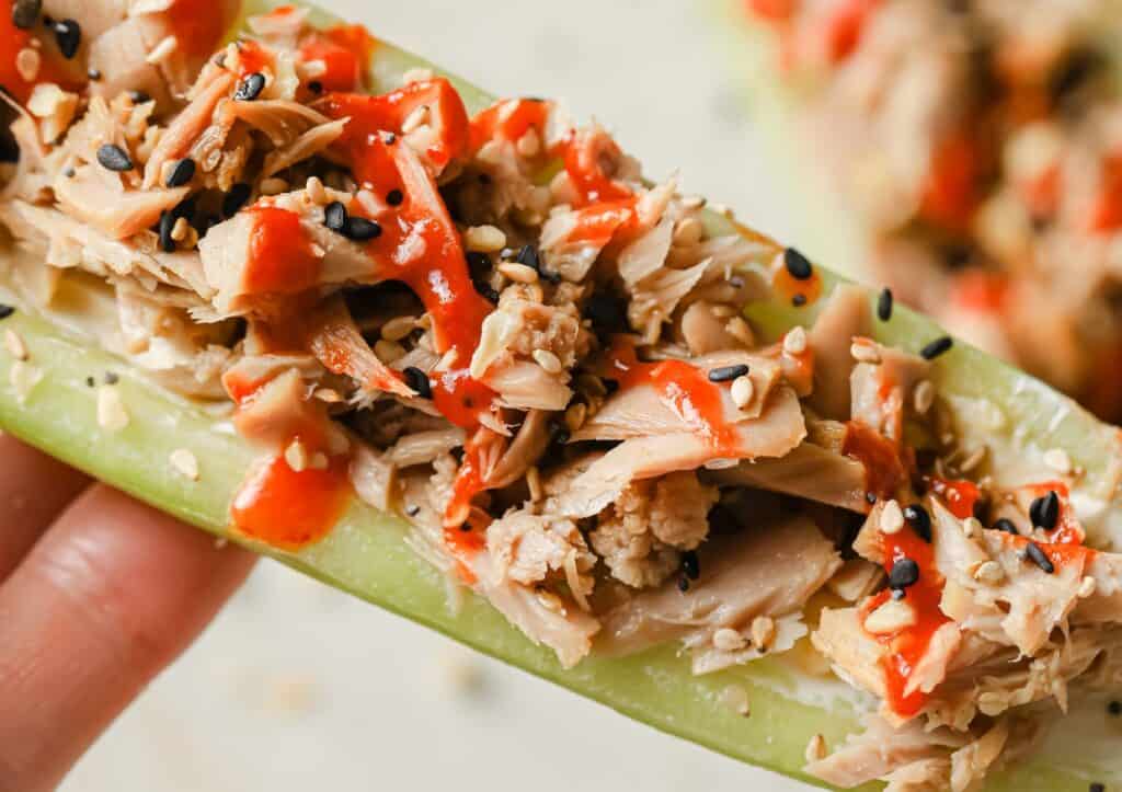 Close-up of a hand holding a stuffed celery stick topped with shredded chicken, black sesame seeds, and drizzled with a red sauce.
