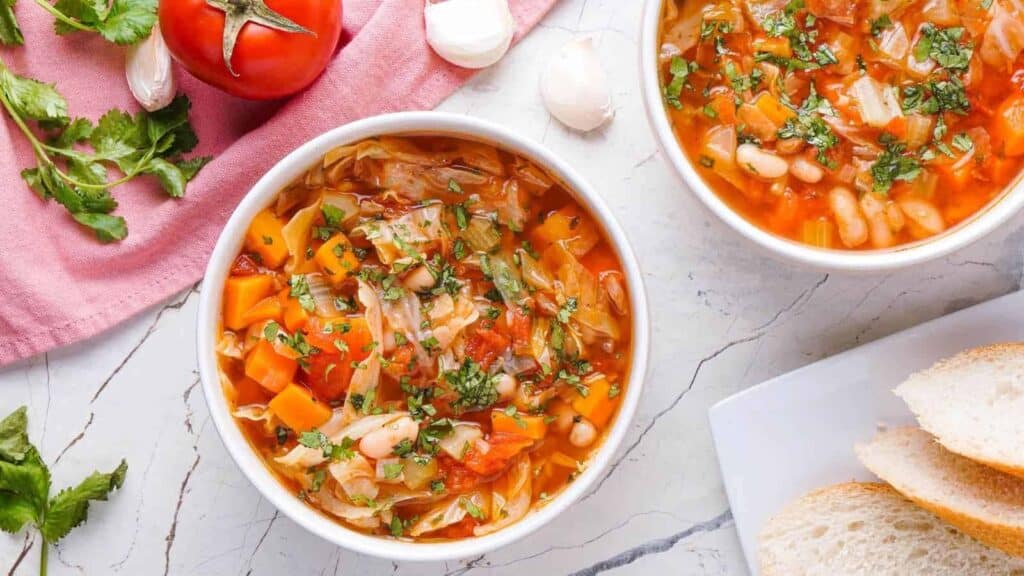Two bowls of vegetable soup with white beans, tomatoes, and herbs on a cracked marble surface. Slices of bread on a white plate, along with a tomato, garlic cloves, and cilantro on a pink cloth.