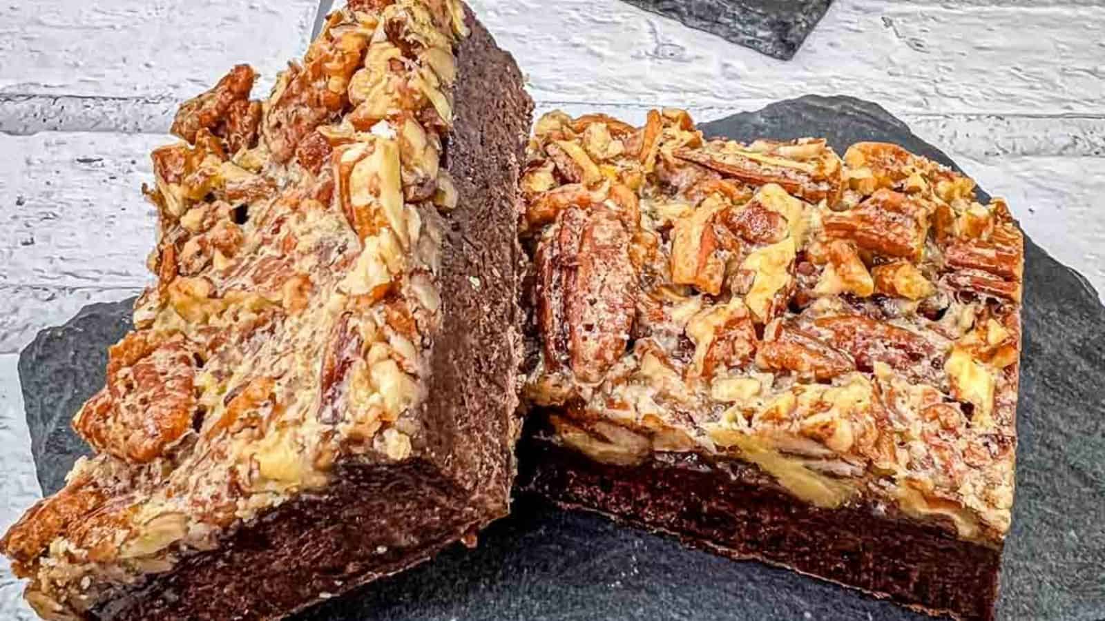 A close-up of two pecan brownies on a slate surface, showing the rich, chocolatey interior and a topping of chopped pecans.