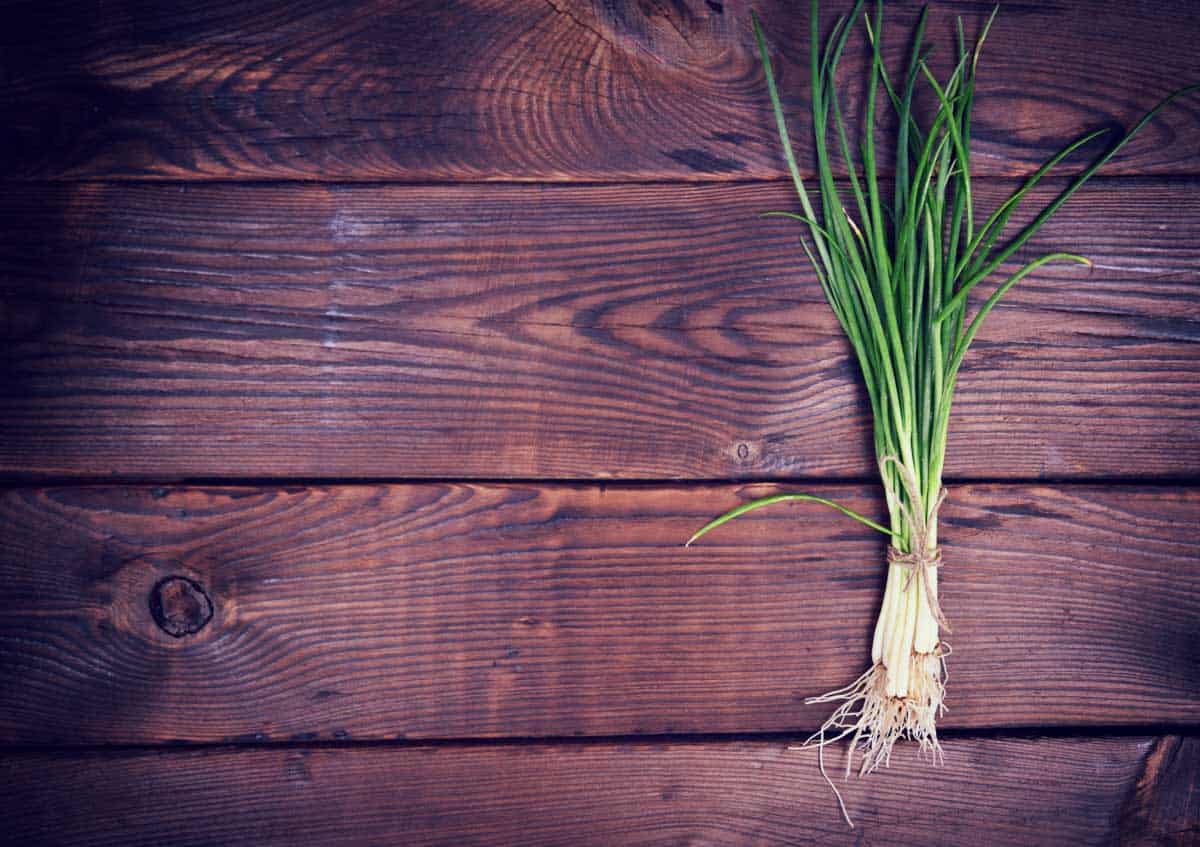 A bunch of green onions with roots and stems intact, lying on a rustic wooden surface.