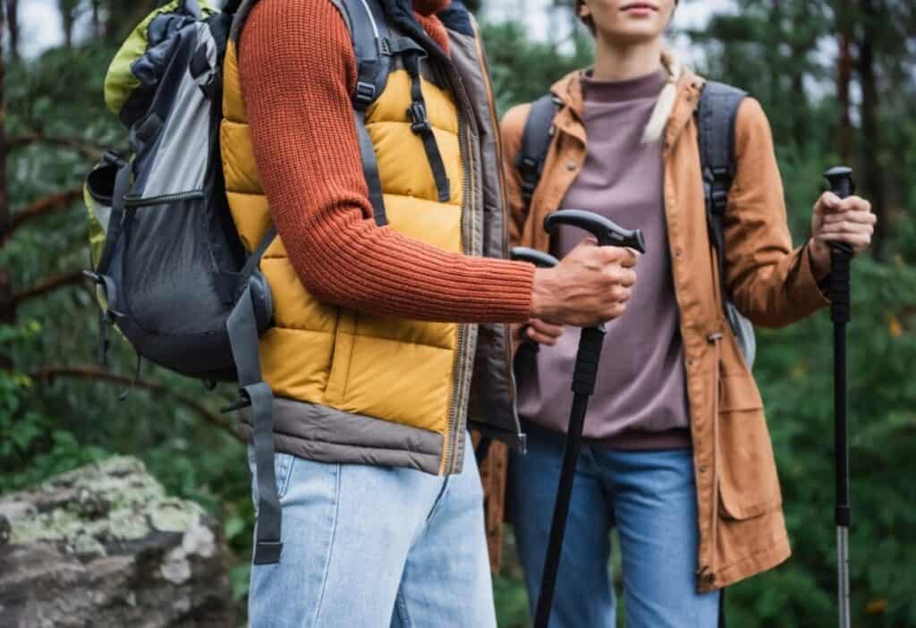 Two hikers with backpacks and trekking poles stand in a forested area. One wears a yellow vest and the other wears a brown jacket.