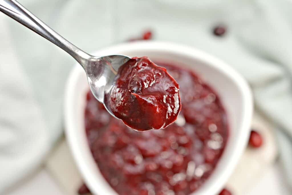 A spoon holds a portion of red cranberry sauce above a white bowl filled with the sauce.