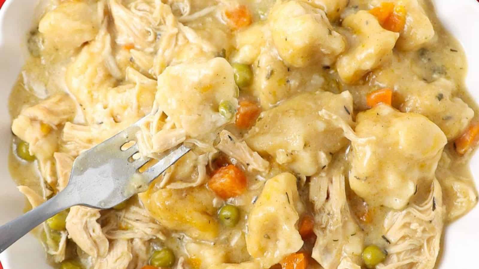 Creamy chicken and dumplings in a slow cooker.