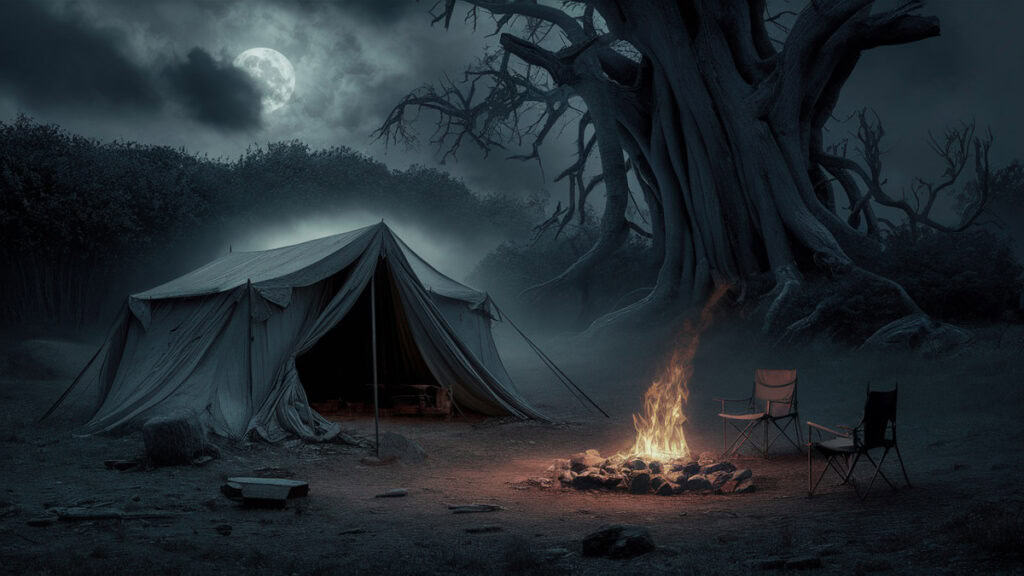 A campsite at night with a lit fire pit, two empty camp chairs, a large tent, and a full moon in the background, surrounded by bare trees.