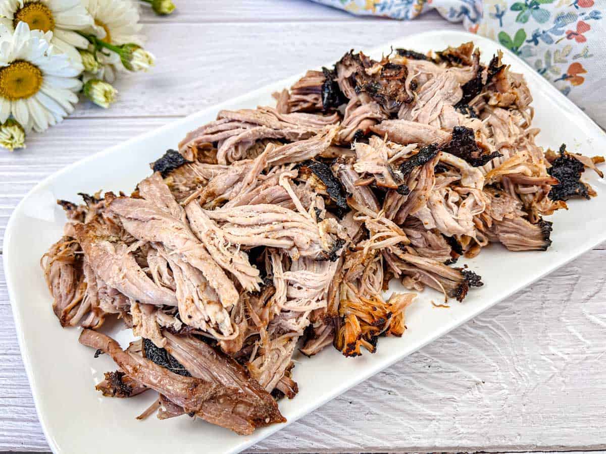 Shredded Ninja Woodfire Outdoor Grill Smoked Pulled Pork on a white plate.