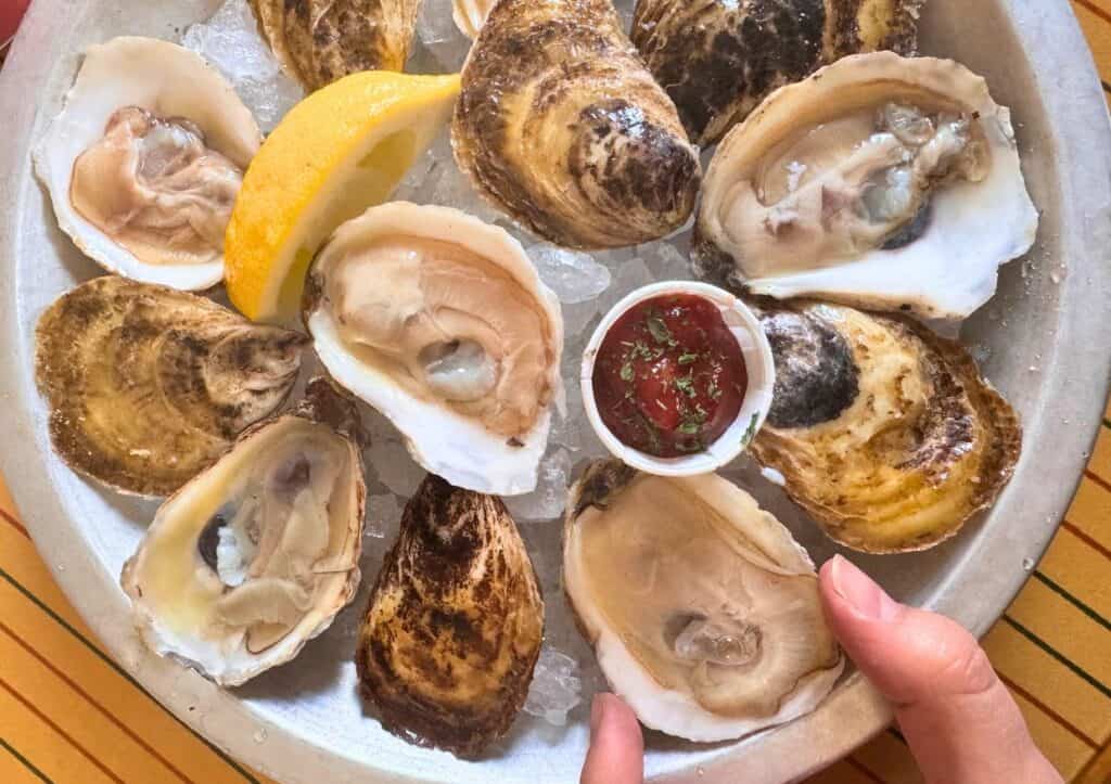 A plate of fresh oysters on ice, garnished with a lemon wedge and a small cup of cocktail sauce, held by two hands.