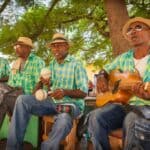 Four musicians in straw hats and matching green plaid shirts play instruments under a tree. One plays maracas, one a guitar, and the other two use percussion instruments.