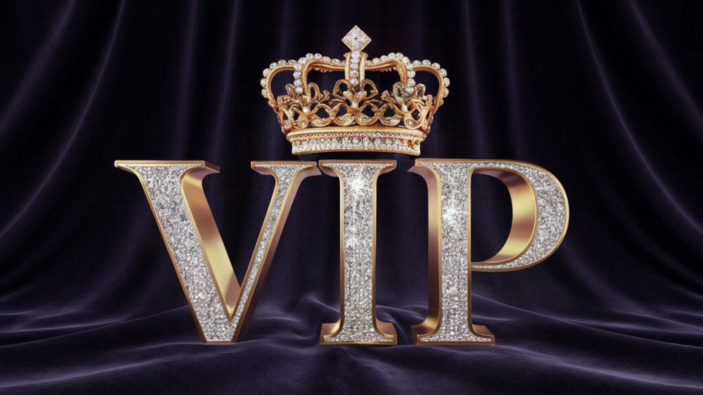 The image features the text "VIP" in large, golden letters encrusted with diamonds, topped with a golden, jeweled crown, set against a dark, silky fabric background.