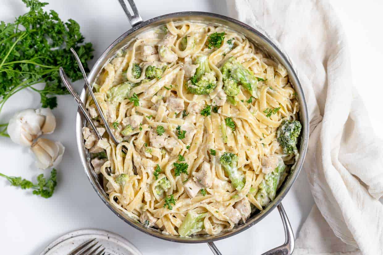 A pan of Chicken Brocoli Alfredo.