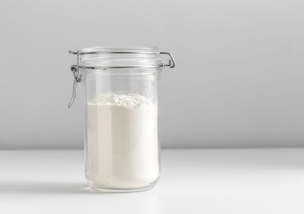 A glass jar filled with white powder, likely flour, is shown against a white background. The jar has a metal clasp sealing its lid.