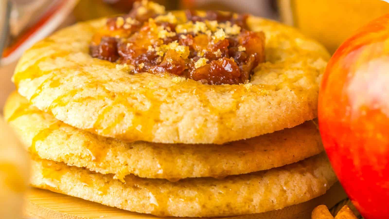 Close-up of three stacked cookies topped with a chunky fruit filling and a sprinkle of crumbs, placed near an apple.