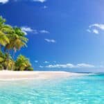 A tropical beach with clear turquoise water, white sand, and a row of palm trees under a bright blue sky with the sun shining.