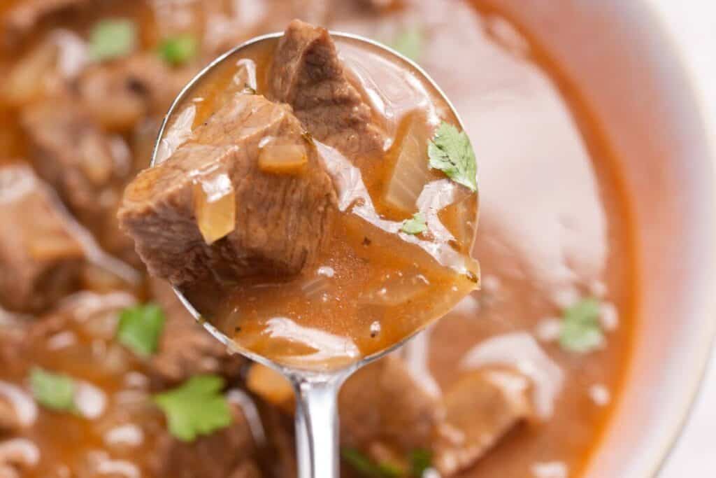 A spoon holding chunks of beef in a rich, brown stew garnished with small pieces of green herbs.