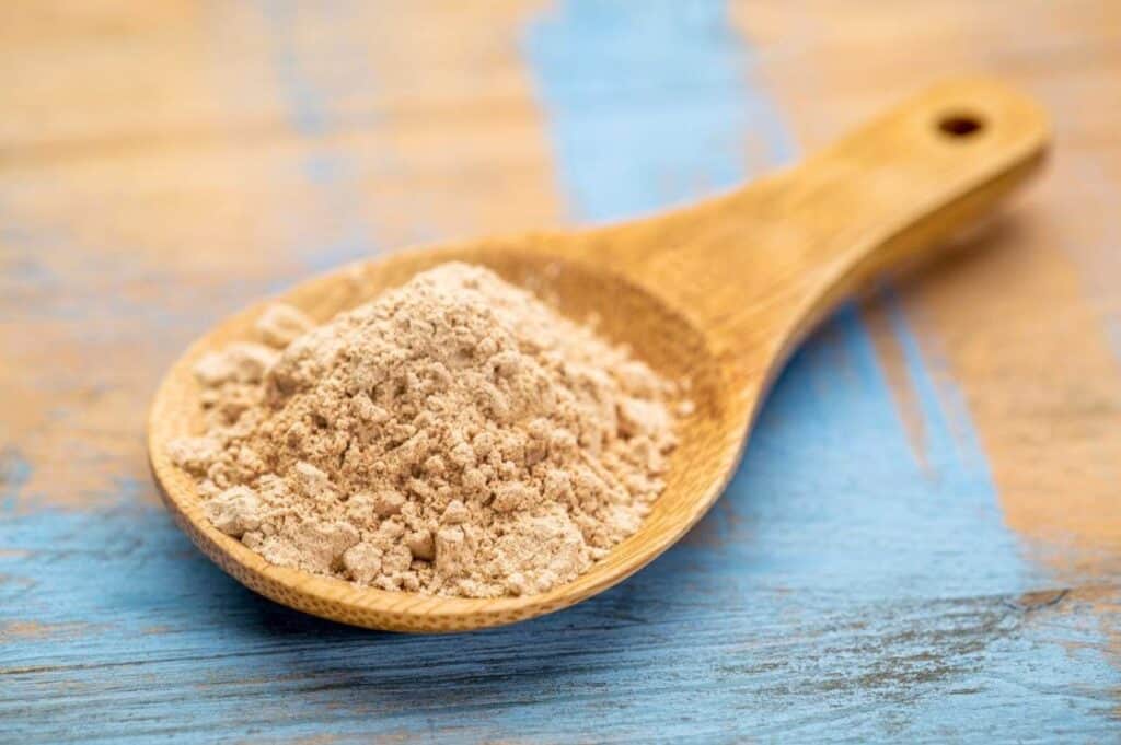 A wooden spoon filled with a mound of maca.