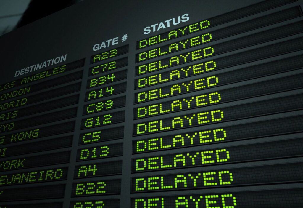 A departure board displaying various flights, all marked with the status "DELAYED.