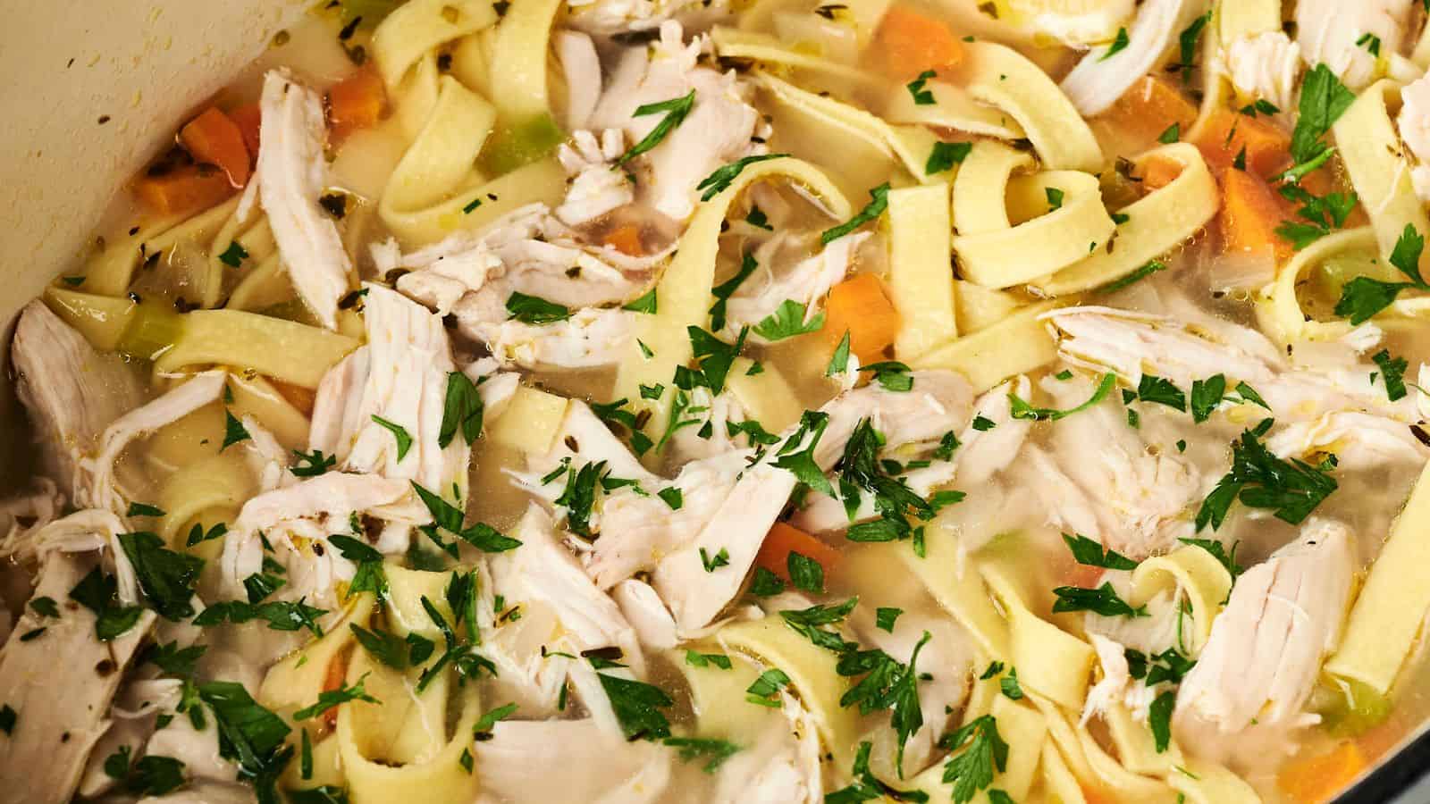 A close-up of a bowl of hearty Chicken Noodle Soup, showcasing shredded chicken, egg noodles, chopped carrots, celery, and garnished with fresh parsley.