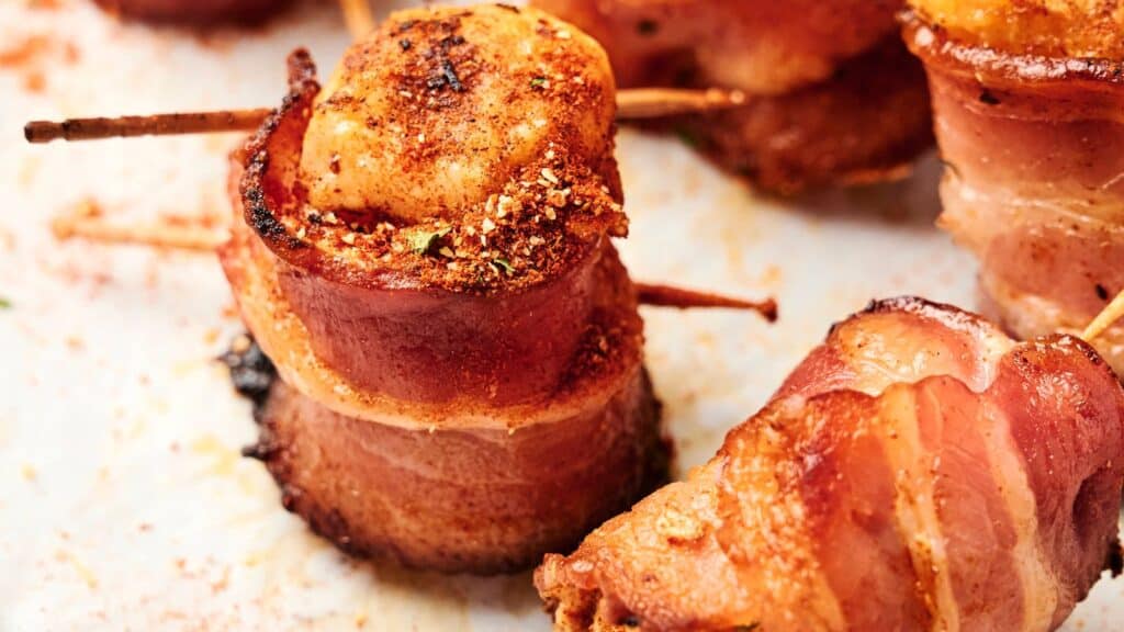 Close-up of several bacon-wrapped scallops secured with wooden toothpicks, resting on a white surface sprinkled with seasoning. The bacon is crispy, and the scallops have a browned, seasoned top.
