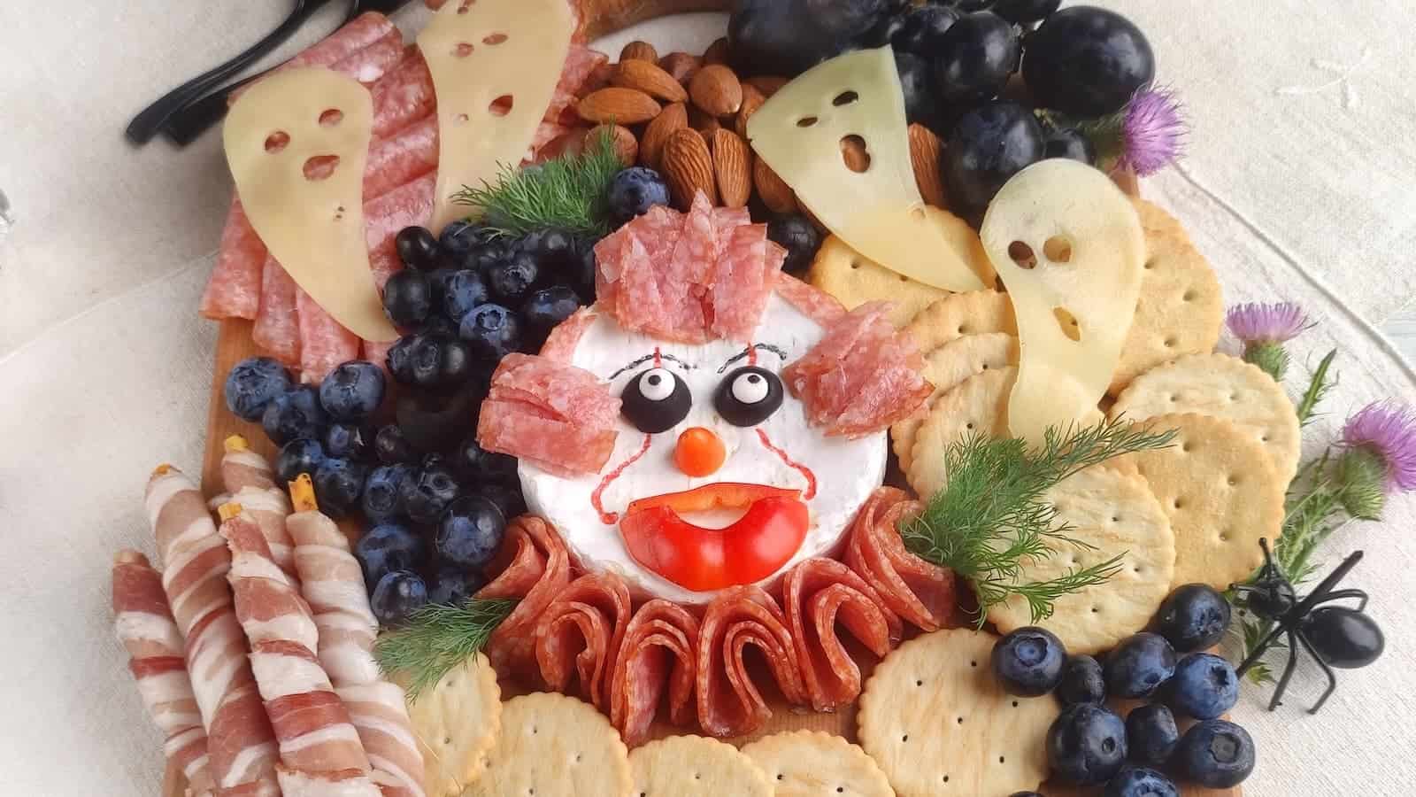 A Pennywise charcuterie board with various foods including salami, cheese, crackers, grapes, blueberries, almonds, and smoked bacon-wrapped pretzel sticks.