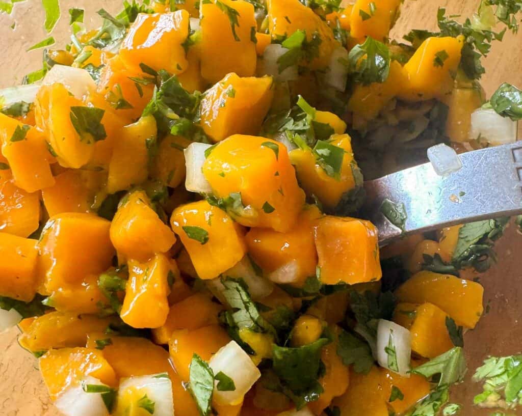 Close-up view of a bowl of mango salsa containing diced mango, chopped onions, and cilantro, with a fork partially visible on the right side.