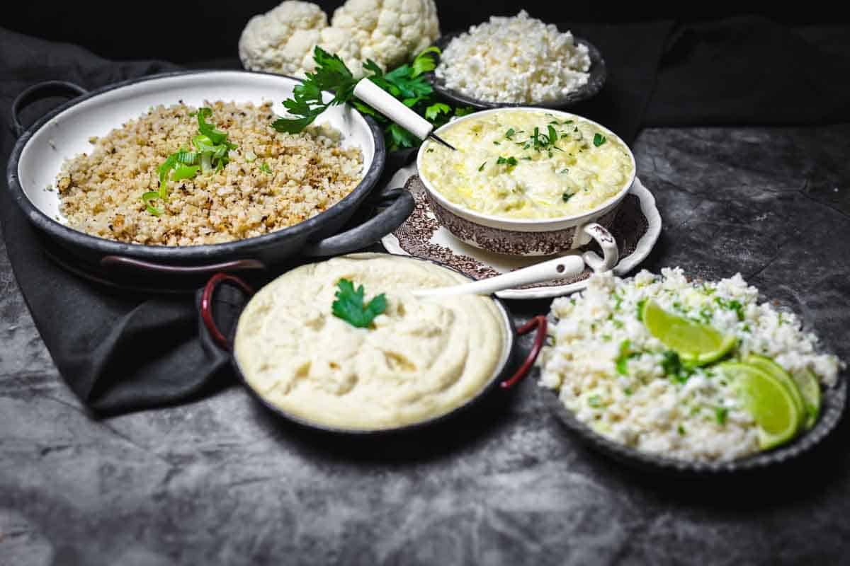 Plates of recipes with cauliflower rice.