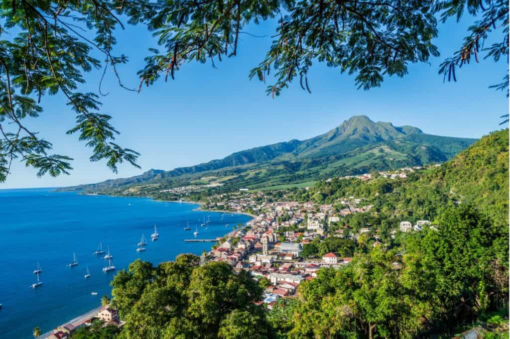 Scenic view of a coastal town with boats in the water, surrounded by Martinique's lush landscapes and mountains in the background. Trees frame the view from the top.