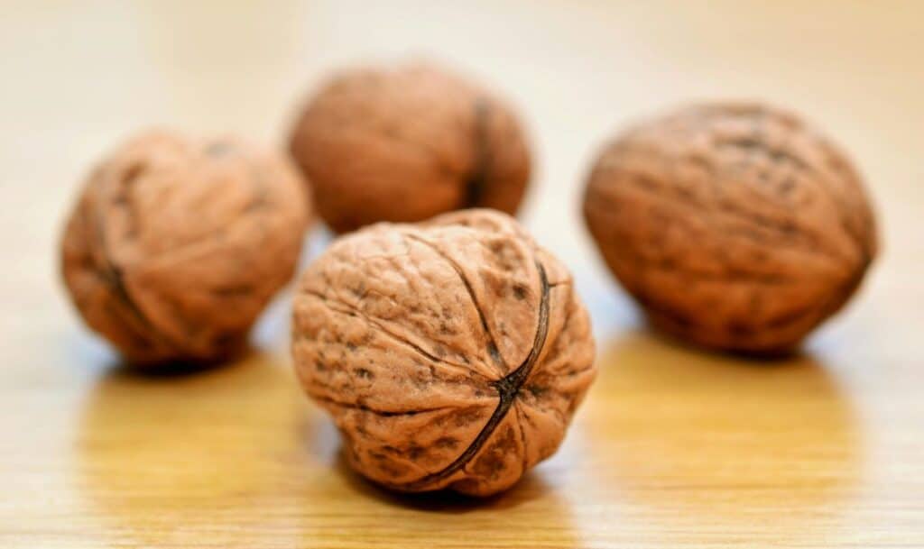 Four whole walnuts on a light wooden surface, with one walnut in clear focus in the foreground.