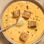 A bowl of creamy soup topped with croutons and chopped green onions, with a spoon in the bowl. Another bowl of soup is partially visible on the right.