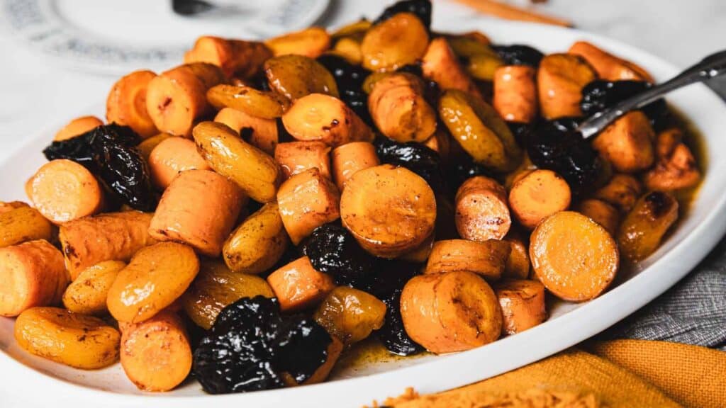 A white plate filled with cooked sliced carrots and prunes, with a fork on the side.