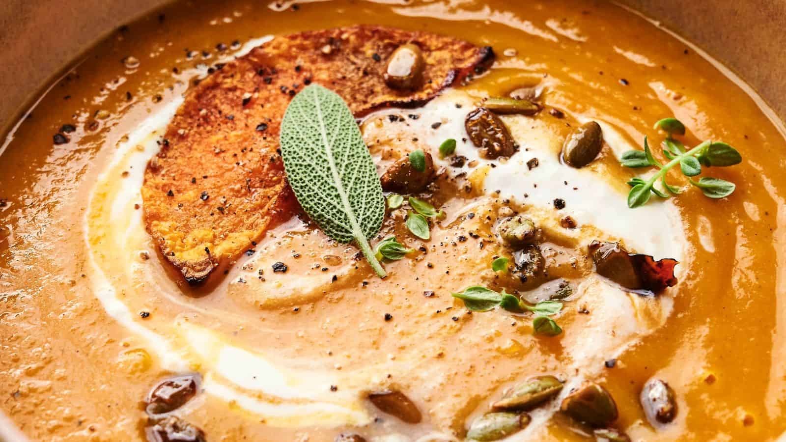 A mouthwatering close-up of pumpkin soup garnished with a swirl of cream, crunchy pumpkin seeds, a crispy slice, and aromatic sage leaves.