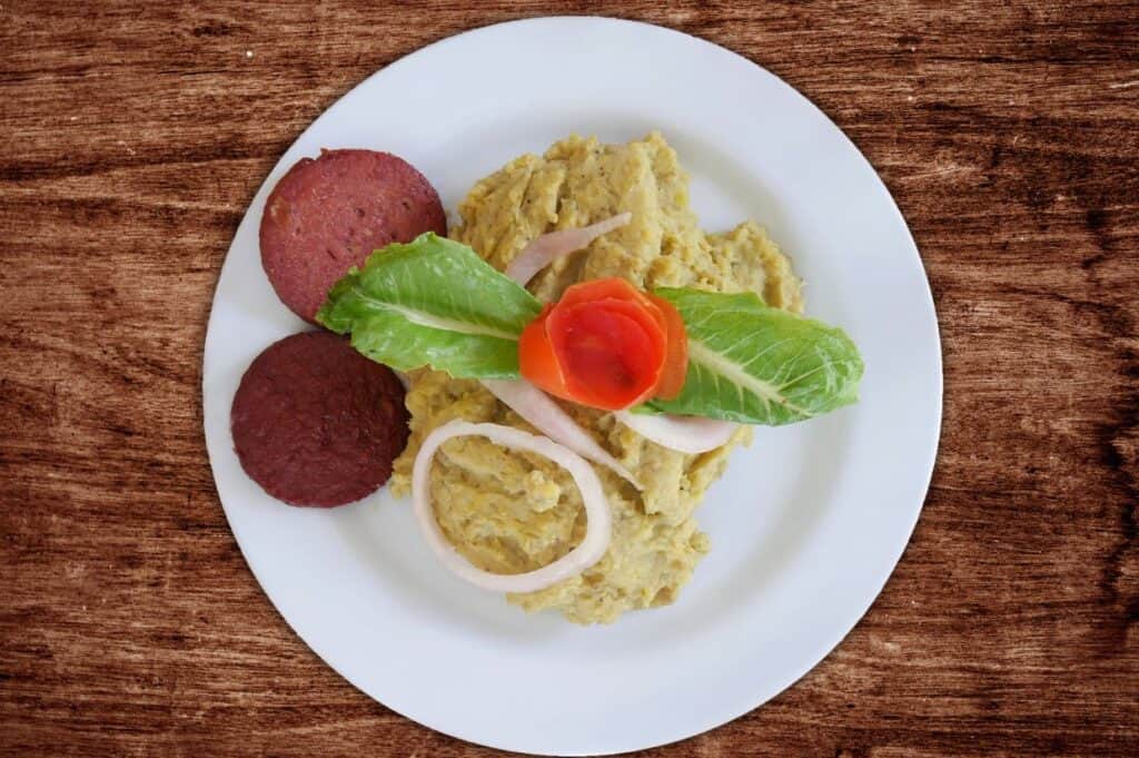 A white plate showcasing the culinary delights of the Dominican Republic, featuring mashed vegetables, two slices of round meat-like food, and garnished with lettuce, a tomato rose, and onion rings on a wooden surface.