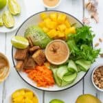 A salad bowl with tofu, mango, lettuce, cucumber, carrots, avocado, and lime, served with peanut sauce. Surrounded by lime, mango, peanuts, garlic, and more sauce on a white background.