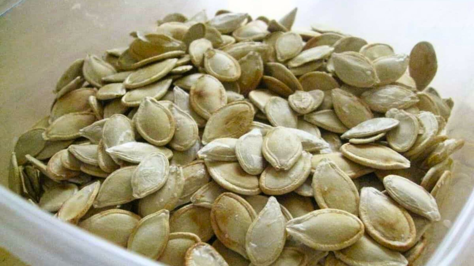 A close-up of a pile of dried pumpkin seeds in a container.