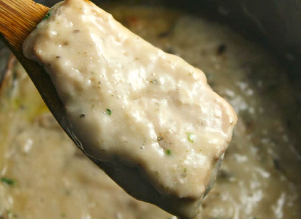 Close-up of a wooden spoon holding thick, creamy mushroom soup, with visible herbs and small mushroom pieces, over a pot of soup.