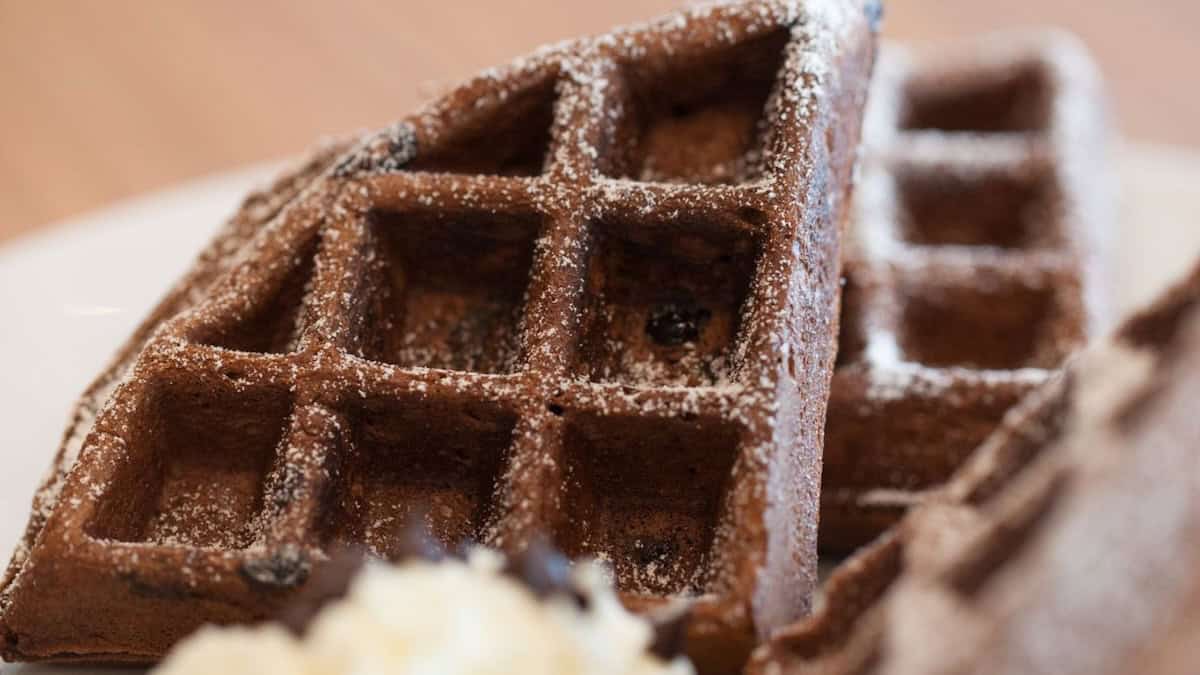 Close-up of chocolate waffles dusted with powdered sugar on a plate, with a dollop of cream topped with chocolate shavings in the foreground.