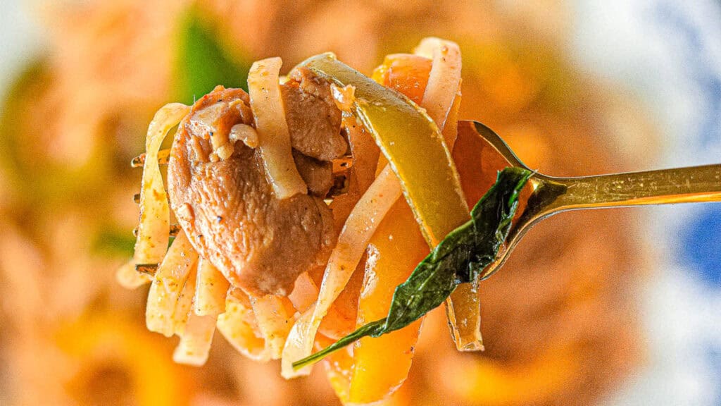 A fork holds pasta with slices of meat, bell peppers, and basil, against a blurred background.