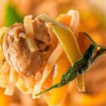 A fork holds pasta with slices of meat, bell peppers, and basil, against a blurred background.