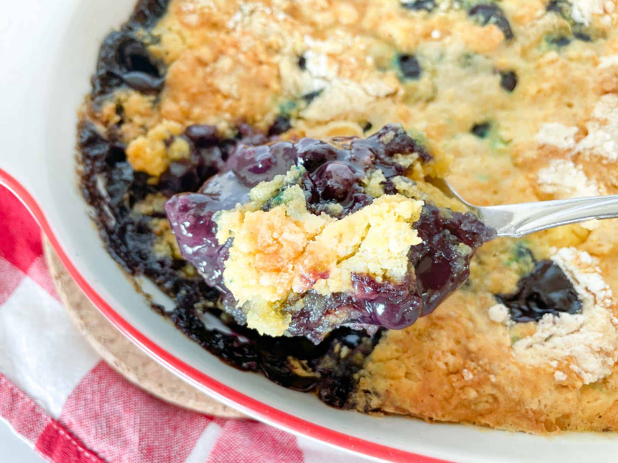 Blueberry dump cake in a baking dish.