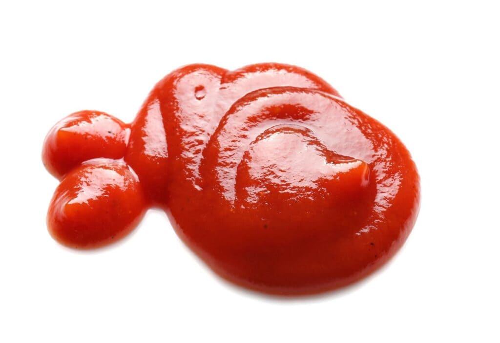 A blob of red ketchup on a white surface.