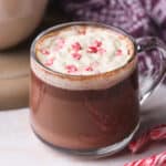 A glass mug of hot chocolate topped with whipped cream and crushed candy canes.