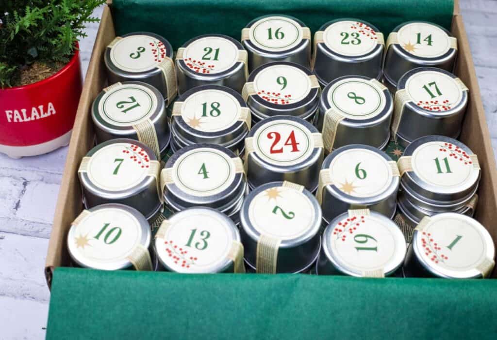 A box of numbered, lidded jars organized in rows, with numbers from 1 to 24. A small plant with a red pot labeled "Fa La La" is visible on the left.