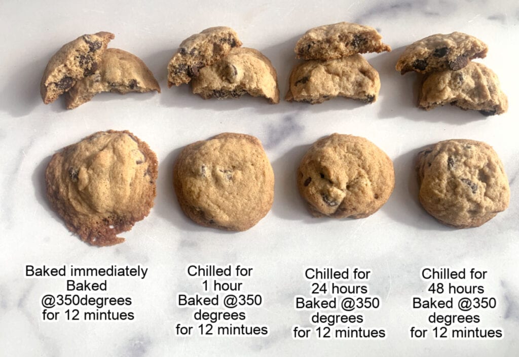 Comparison of cookies baked immediately and after chilling for different durations, showing variations in texture and appearance.