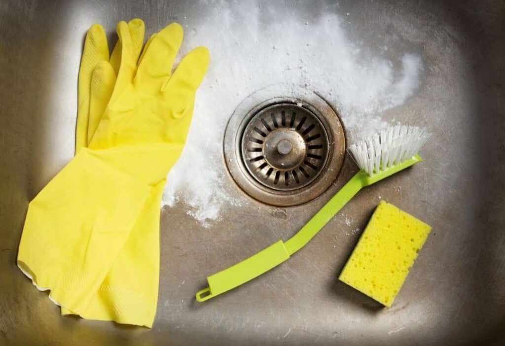 A kitchen sink with yellow rubber gloves, a cleaning brush, a sponge, and a sprinkling of white powder, possibly cleaning agent, around the drain hints at effective tips to get rid of drain flies.