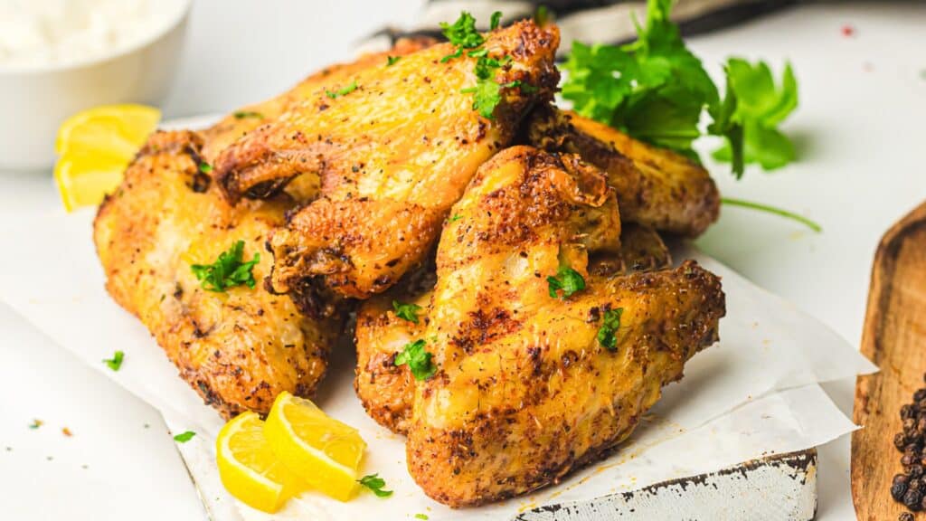 A pile of seasoned, roasted chicken wings garnished with parsley on a white plate. Lemon wedges are placed beside the wings.