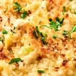 Close-up of a baked casserole topped with golden breadcrumbs and garnished with chopped parsley.