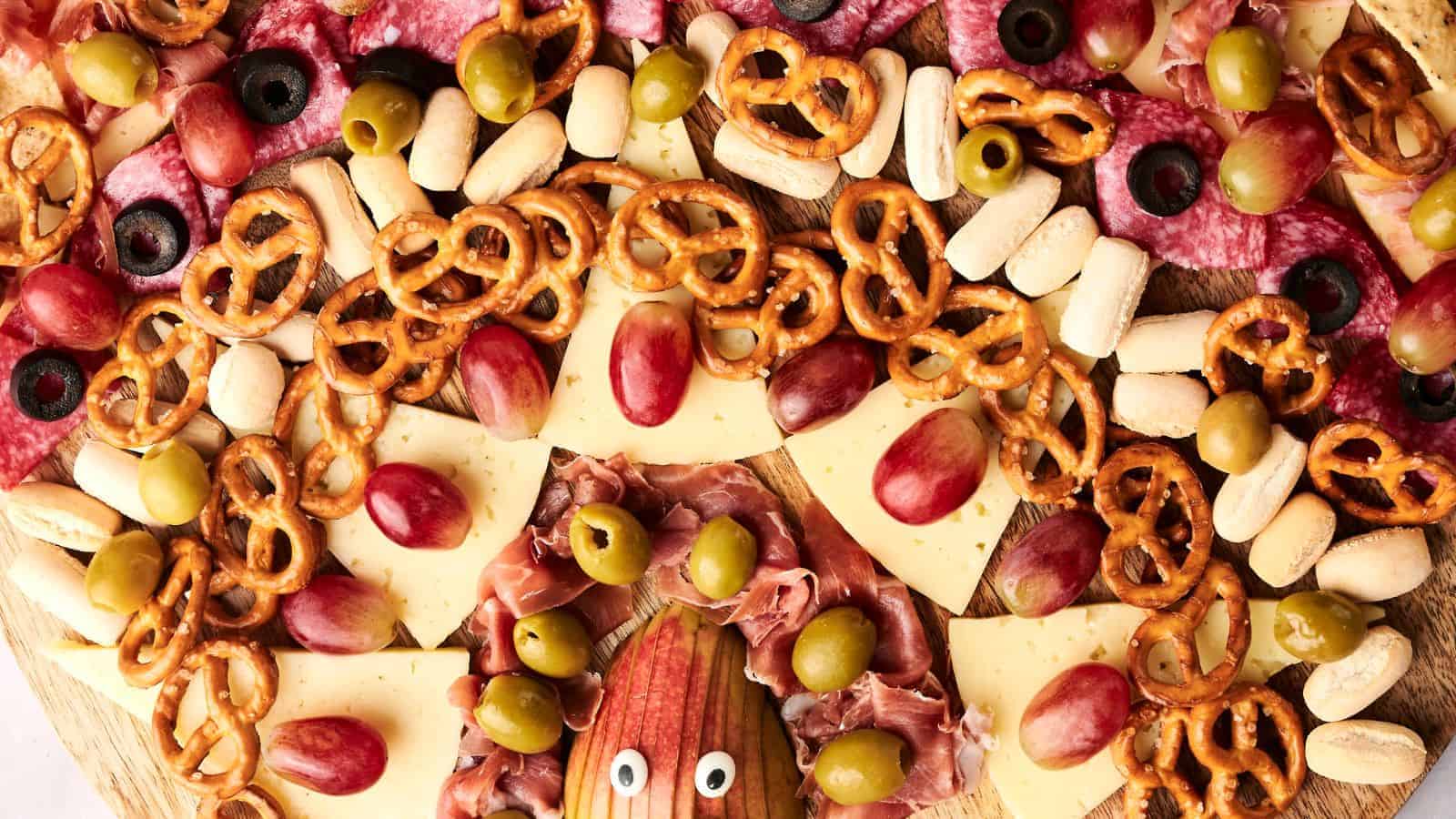 A turkey charcuterie board features a playful face design with sliced meats, cheeses, pretzels, grapes, olives, breadsticks, and two candy eyes on an apple.